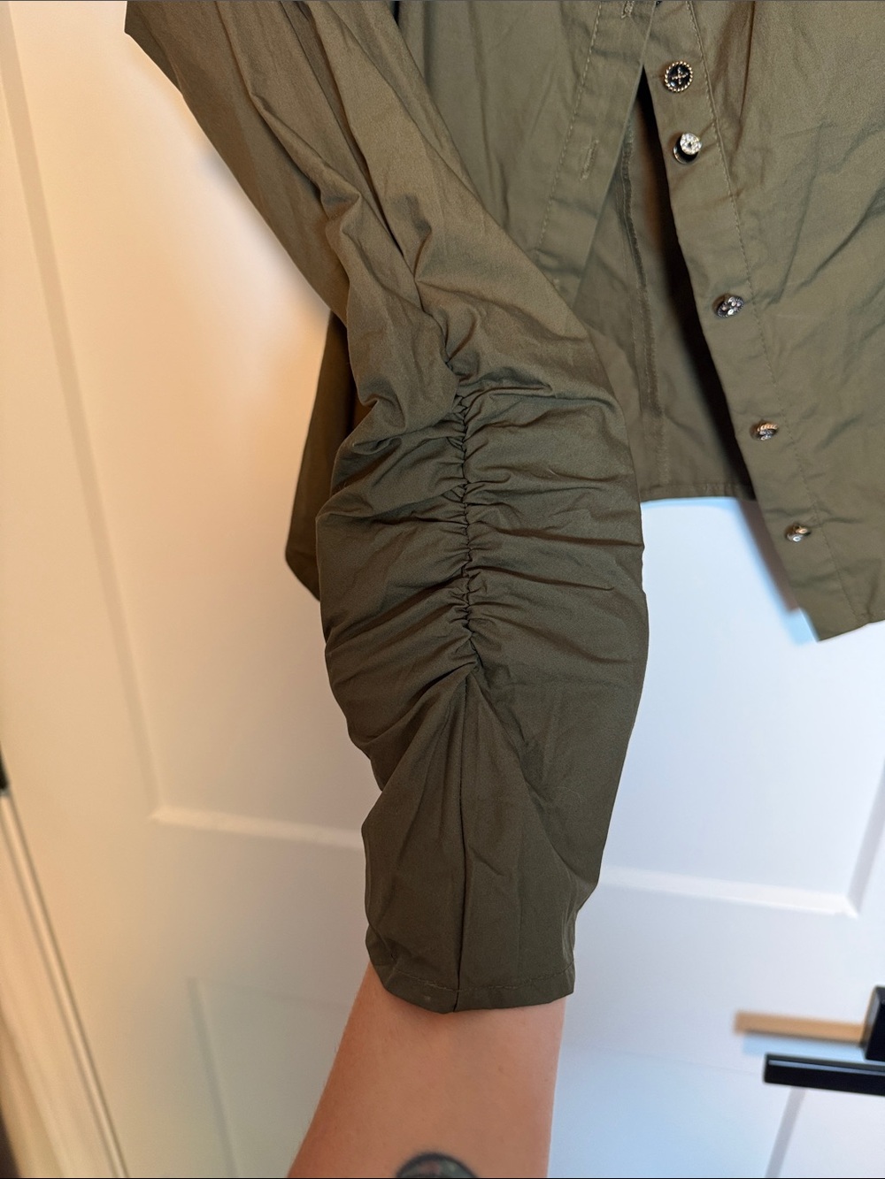 The Shirt by Rochelle Behrens Square Neck Button-Front Top in Olive - XS - Picture 4 of 7